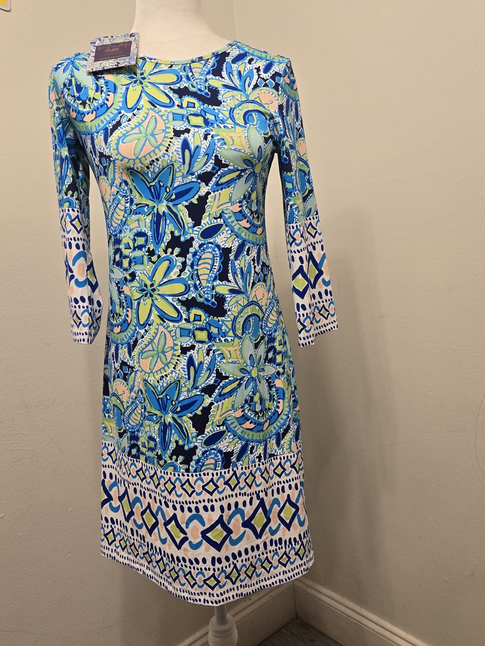 Jean Pierre Blue and Lime Floral Long Sleeve Shift Dress